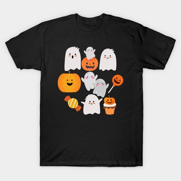 Happy Halloween, cute ghost and pumpkins. T-Shirt by WhaleSharkShop